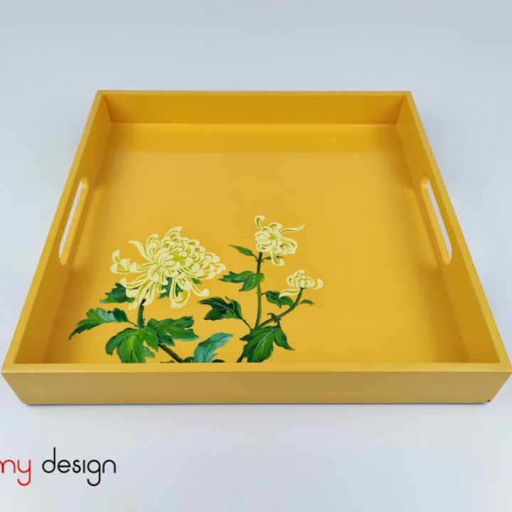 Yellow square lacquer tray hand-painted with chrysanthemum 30cm